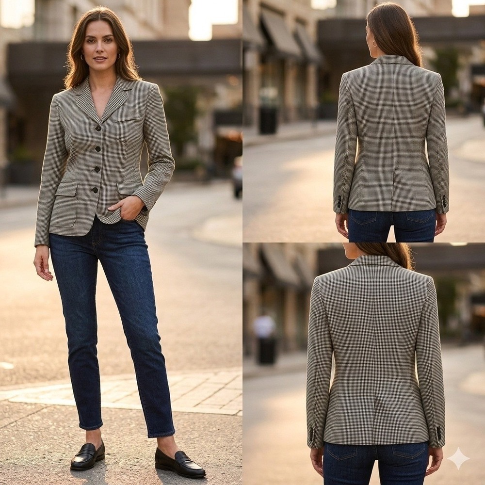 Ralph Lauren Blue Label Women's Houndstooth Wool Blazer Jacket Size 8 Vintage - Picture 2 of 12